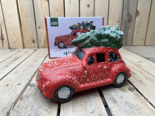 COCHE NAVIDEÑO CON ARBOL ROJO 23CM