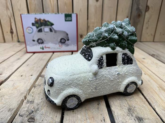 COCHE NAVIDEÑO CON ARBOL BLANCO 23CM