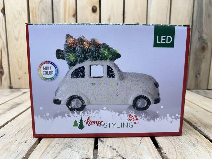 COCHE NAVIDEÑO CON ARBOL BLANCO 23CM