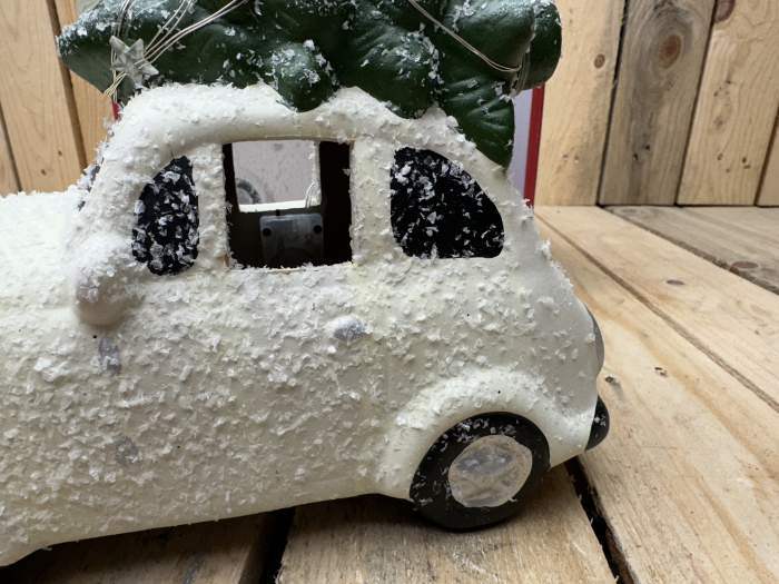 COCHE NAVIDEÑO CON ARBOL BLANCO 23CM