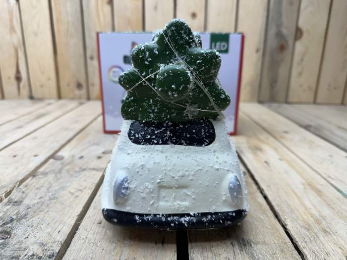 COCHE NAVIDEÑO CON ARBOL BLANCO 23CM