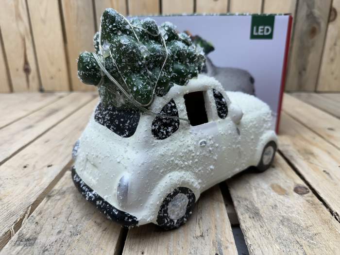 COCHE NAVIDEÑO CON ARBOL BLANCO 23CM